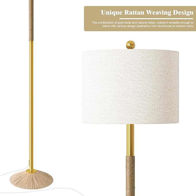 Oneach 63" Modern Floor Lamp for Living Room, Gold Boho Standing Lamp with Unique Rope Design, Rotary Switch, Farmhouse Tall Lamps for Bedroom Office Dining Room (Without Bulb)