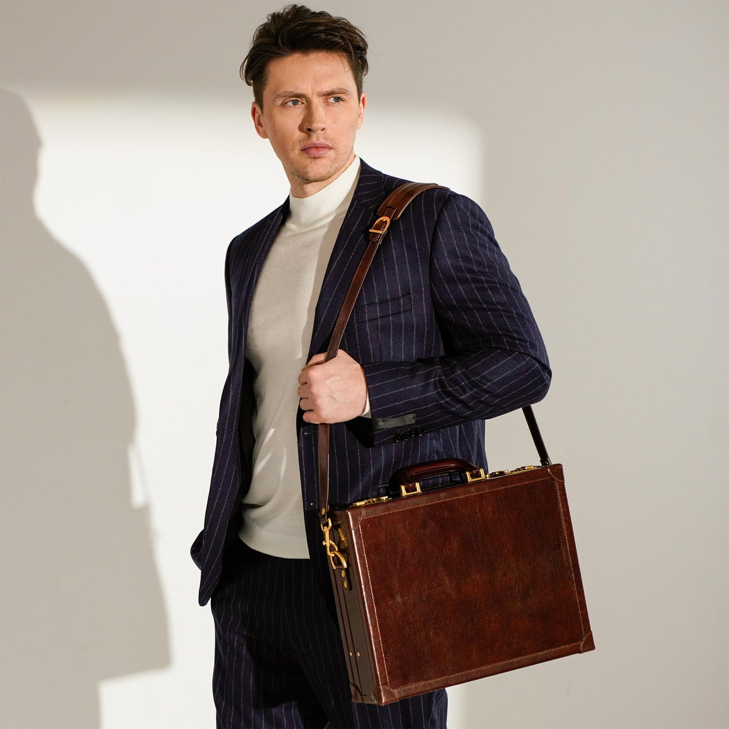Time Resistance Leather Attache Case - Full Grain Italian Leather Briefcase - Laptop Bag up to 15” - Hard Case with Lock (Brown)