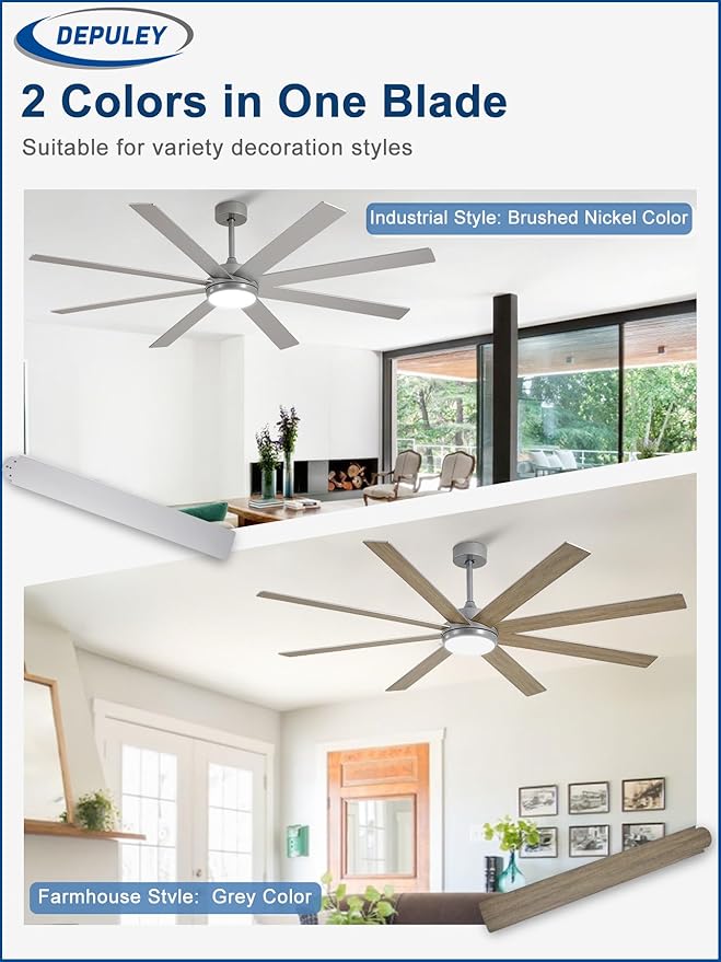 Depuley 72" Ceiling Fans with Lights: Large Indoor/Outdoor Ceiling Fan for Patios Living Room - 8 Blades Silver Dimmable Ceiling Fans with Remote APP Control Timer Reversible Quiet DC Motor 6 Speeds