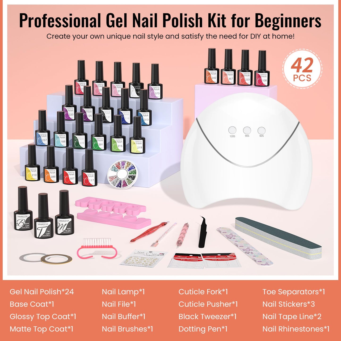 VANREESA 42 Pcs Gel Nail Polish Kit with U V Light 24 Popular Colors Gel Polish Nail Kit Green Blue Purple Pink Orange Complete Nail Kit with Manicure Tools Gifts for Women Girls