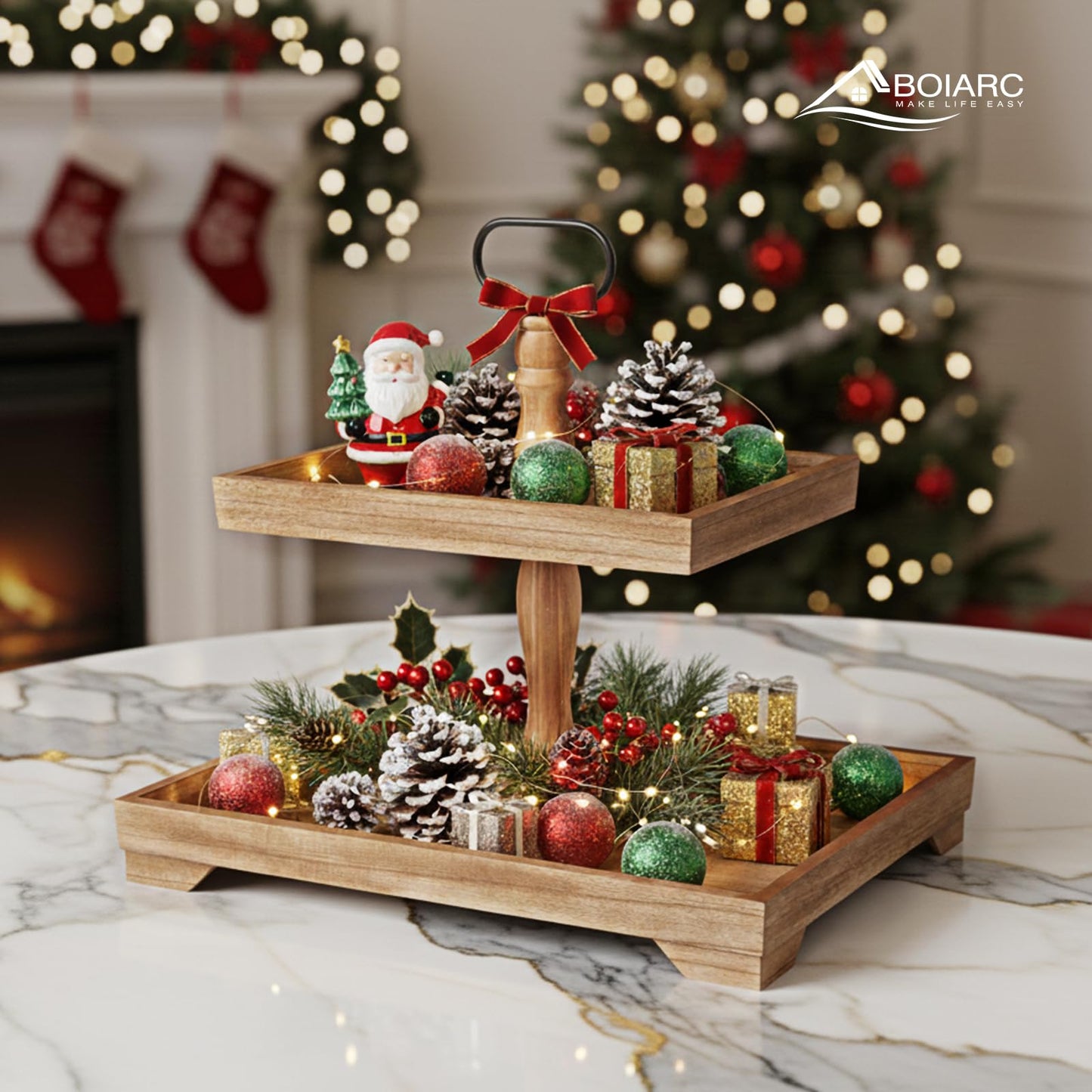 Boiarc Rustic Wooden 2 Tiered Tray Stand, Farmhouse Tiered Serving Tray Decor, Rectangle Wood Display Stands for Food Fruits Cupcake and Seasonal Festive Decorations (Brown)