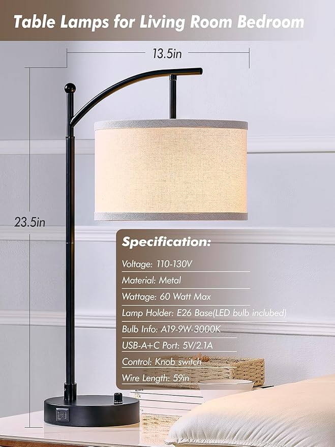 Table Lamp for Living Room Bedroom, 23.5" Table Lamps Set of 2 with USB C+A Ports, Bedside Lamps for Nightstand with Linen Lamp Shades, 2 Dimmable LED Bulbs Included, Black