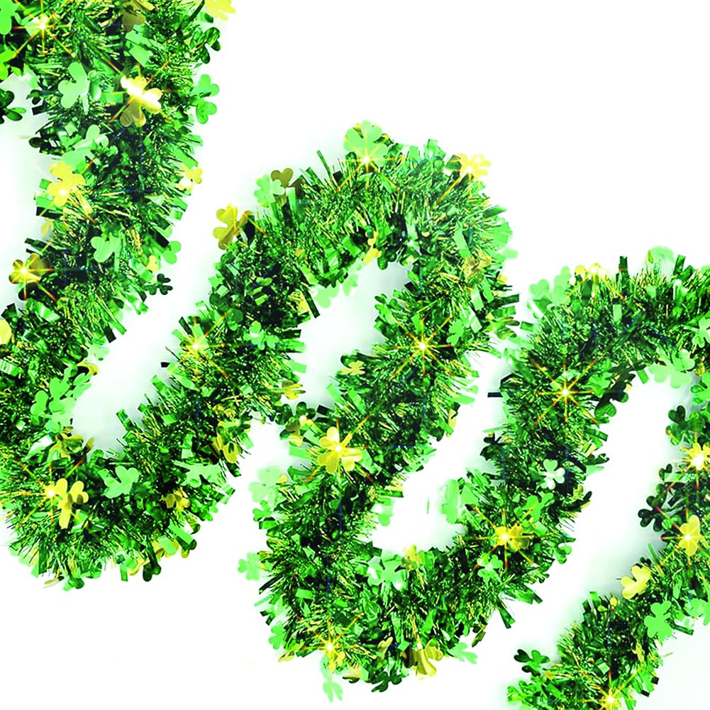66 Ft St.Patrick's Day Tinsel Garland 2Pcs Green with Shamrock Saint Patricks Day Decorations for Saint Patrick's Day Party Decor Shiny Hanging Clover Green Tinsel Garland