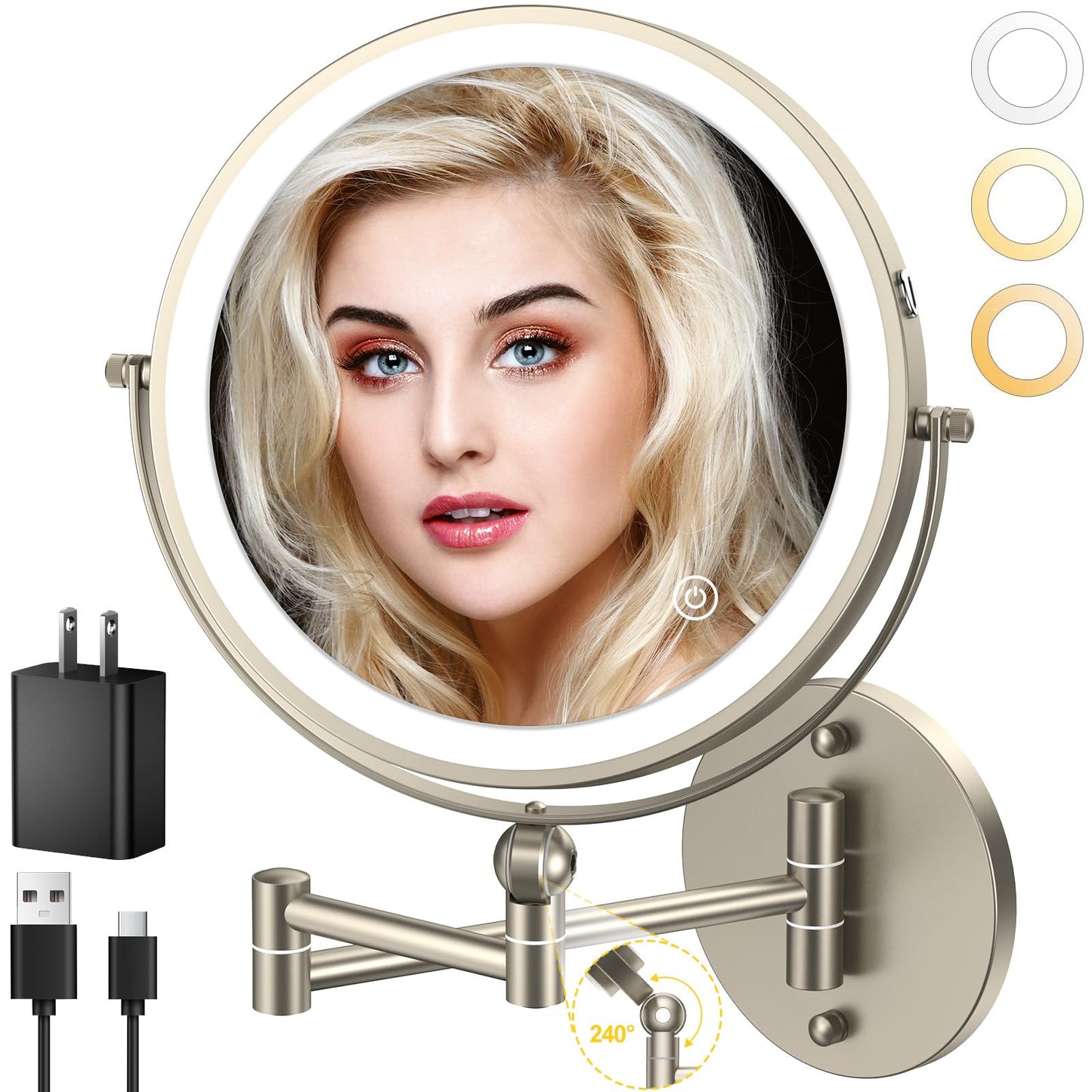 9" Wall Mounted Lighted Makeup Mirror,4000mAh Rechargeable Double Sided 1X/10X Magnifying Mirror with Light,Touch Dimmable,Extended Arm 360 Rotation Wall Mounted Makeup Mirror 3 Color Lights-Black