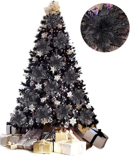 RECUTMS 10 Packs Christmas Glitter Poinsettia Flowers Artificial Christmas Flowers Decorations Wedding Xmas Tree New Year Ornaments Xmas Garland Wreath DIY Decorations Supplies(Black)