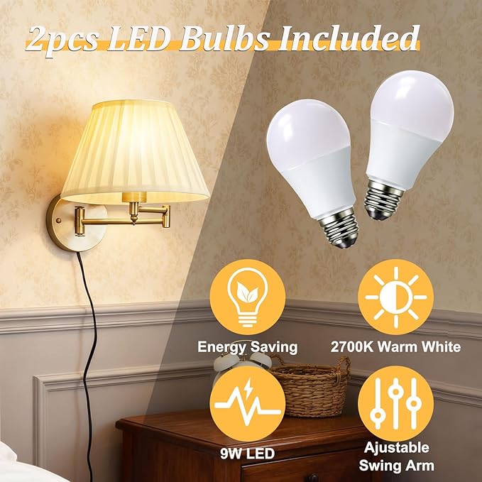 Indoor Wall Sconce Set of Two Swing Arm Wall Lamp Plug in Bronze Wall Light Fixtures with Beige Fabric Shade Bedside Lights for Bedroom Hallway Study Room Living Room Reading Light
