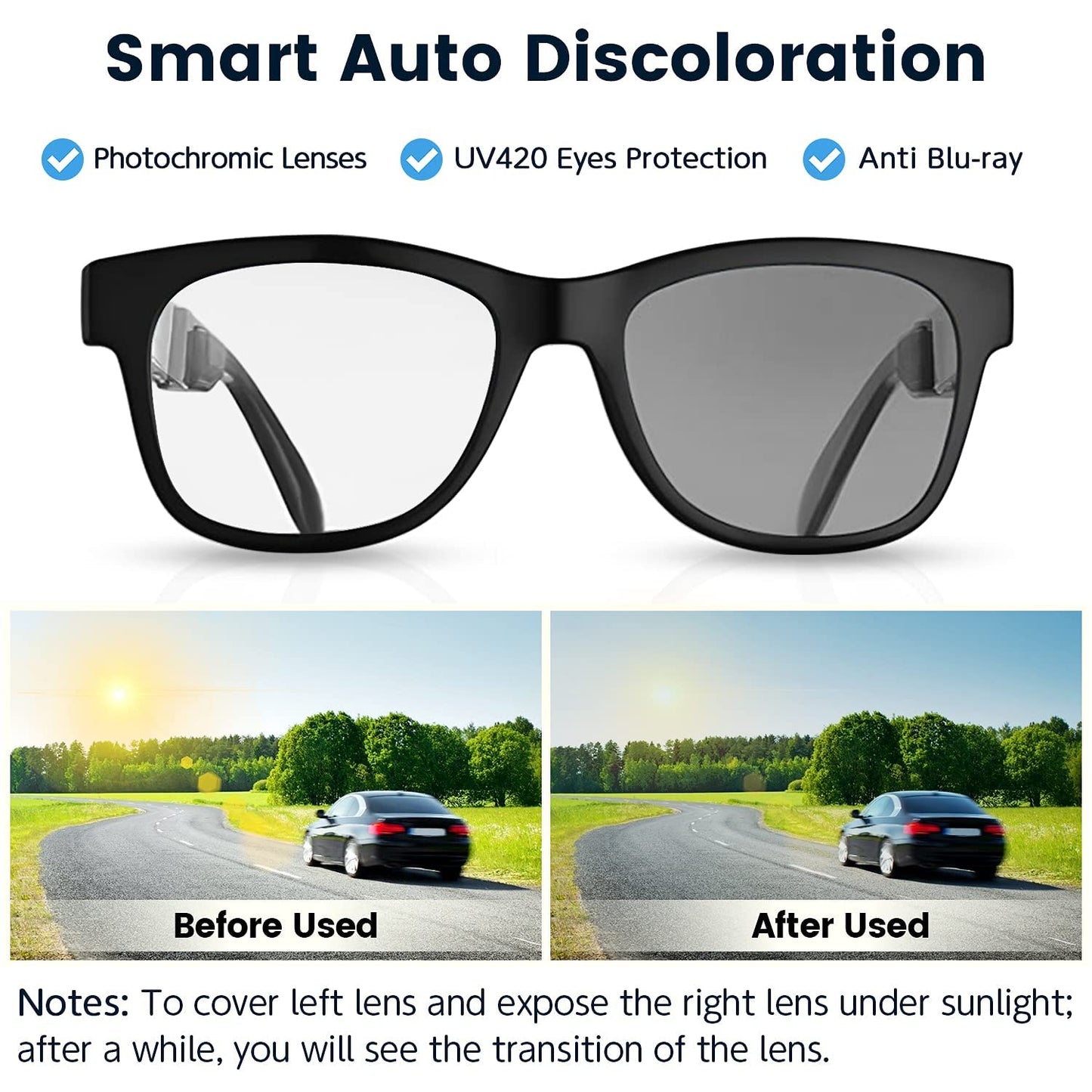 Bone Conduction Glasses, Open-Ear Headphones Bluetooth, Photochromic Sunglasses Anti Blue Ray, IP6 Waterproof Audio Glasses, Hand-Free Calling and Music, Smart Glasses for Women and Men