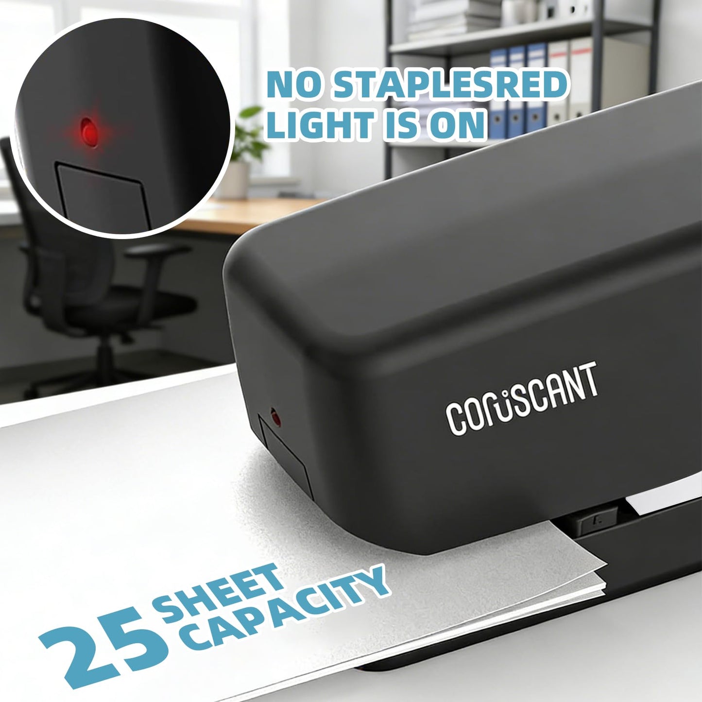 Coruscant Electric Stapler, Automatic Stapler, Heavy Duty，25 Sheet, Store 210 Staples，Including 2000 Staples,and 1 Staple Remover, Electric Desktop AC or Battery Powered for Home/Office Use