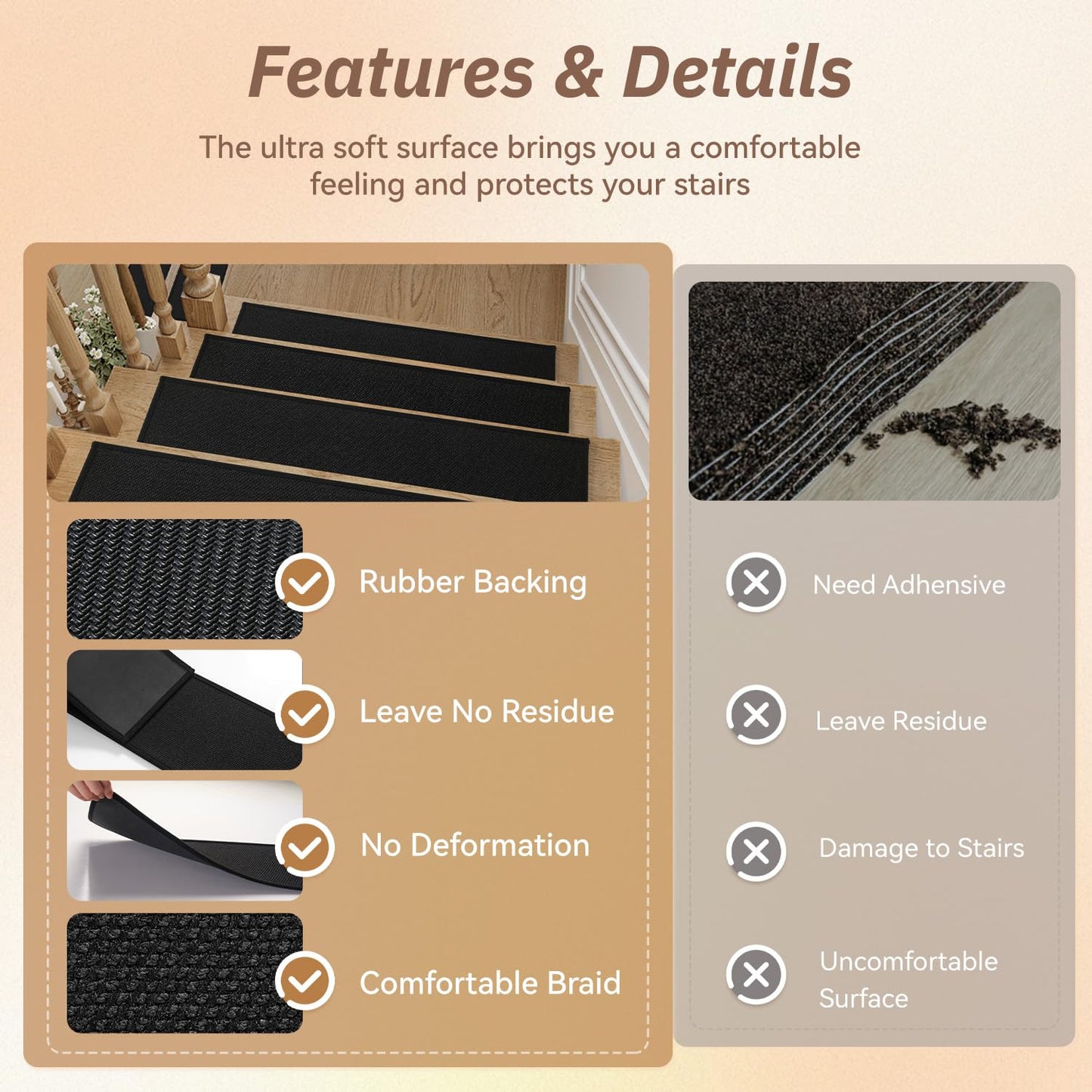 PADOOR Stair-Treads Non Slip 15PCS, Stair Treads for Wooden Steps Rubber Backing Indoor, Carpet Stair Treads Residue Free, Stair Runner Durable Stair-Carpet Treads for Kids and Dogs 8"x30" Black