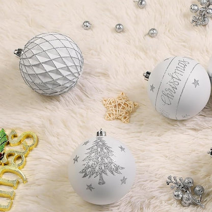 SHareconn 100MM/4 Inch 9PCS Large Christmas Balls Ornaments, Shatterproof Plastic Hanging Big Baubles Set for Xmas Tree Decoration Holiday Party Wedding Decorations with Hook, White and Silver
