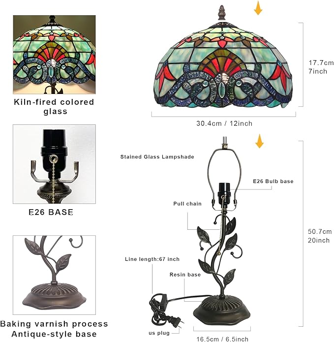 Tiffany Style Table Lamp Handmade Stained Glass Bedside Lamp 12x12x20 inch Metal Leaf Base,Art Glass Lamp for Living Room, Bedroom, Office Decor(Baroque)