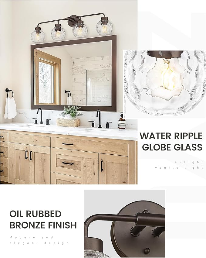 zeyu 4-Light Bathroom Vanity Light, 32 Inch Vintage Vanity Lighting Fixtures, Bathroom Lighting Fixtures with Water Ripple Globe Glass, ZS62BG-4W ORB-WG