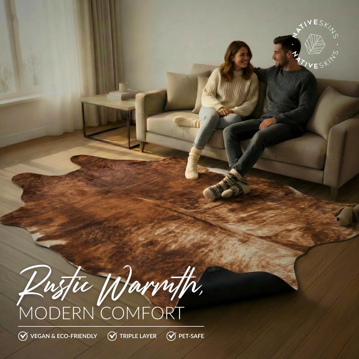 NativeSkins Faux Cowhide Rug – Brindle (Large) | 4.6ft x 6.6ft | Triple-Layer Support | Ultra-Soft Pile | Hand-Cut, Faux Suede No-Slip Backing | Western Rug | Cow Hide Animal Print
