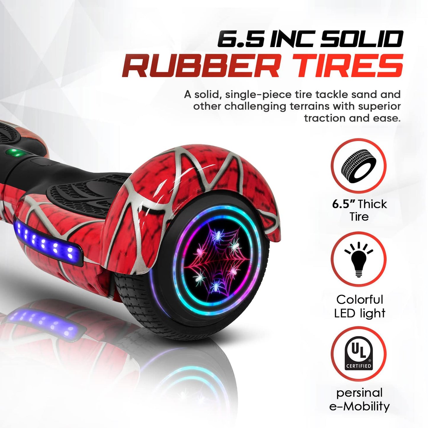 EMAXUSA, Spider-Pattern Hover Board for Kids Ages 6-12, with Bluetooth Speaker and LED Lights 6.5" Hover Board, UL2272 Safety Certified (Red)