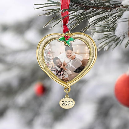 Christmas Tree Ornament Picture Frame Metal Hanging Pendant Holiday 2.5" Photo Frame Charm Decorative of Pets, Baby First Christmas, Family (2025 Golden)