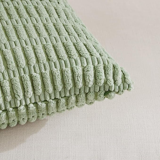 Fancy Homi Sage Green Lumbar Decorative Throw Pillow Covers 14x24 Inch for Living Room Couch Bed Sofa, Rustic Farmhouse Boho Home Decor, Soft Striped Corduroy Rectangle Cushion Case 35x60 cm