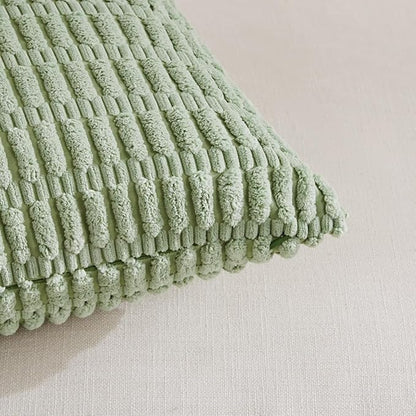 Fancy Homi Sage Green Lumbar Decorative Throw Pillow Covers 14x24 Inch for Living Room Couch Bed Sofa, Rustic Farmhouse Boho Home Decor, Soft Striped Corduroy Rectangle Cushion Case 35x60 cm