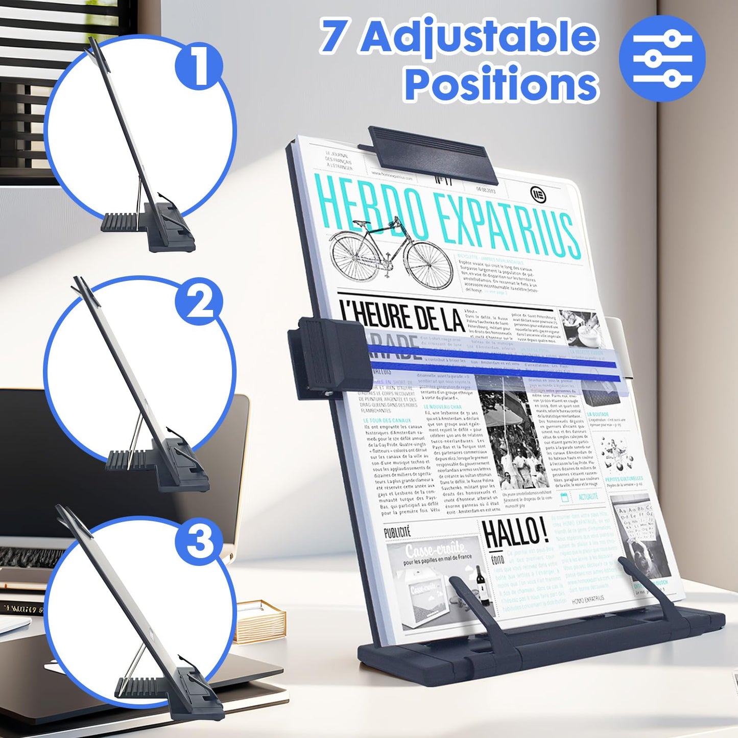 PowerKing Desktop Document Holder with 7 Adjustable Angles, Relieves Eyes and Neck Strain, Black Metal Paper Stand When Typing for Reading A4, Letters, Books, Receipts, Music Sheets, Textbooks
