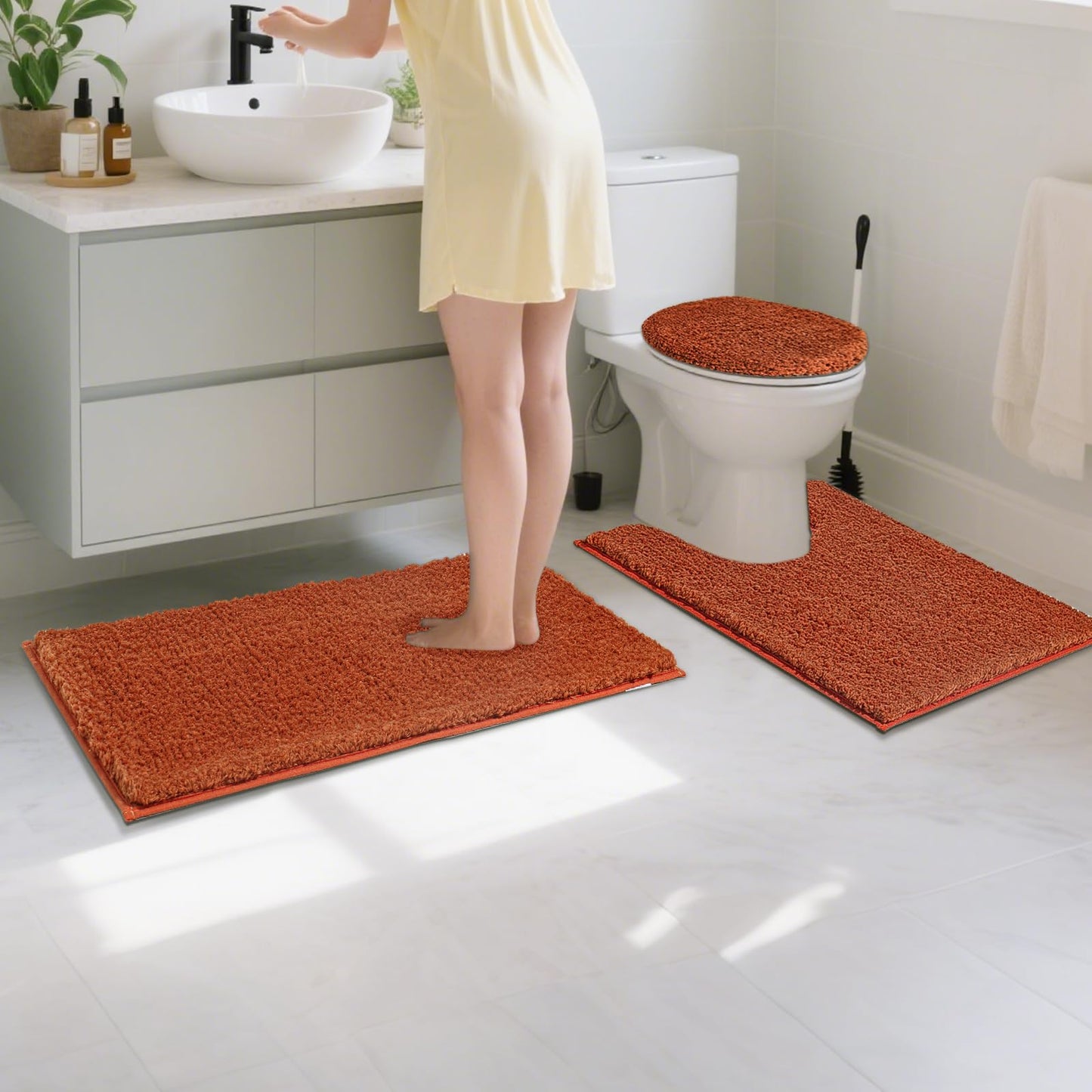 Baahrnom Bathroom Rugs Sets 3 Piece with Adjustable Toilet Seat Cover 17.5"x 15" Machine Washable Bath Rug Set with TPR Non Slip Rubber Backing Solid Bath Mat Set for Luxury Bathroom Decoration