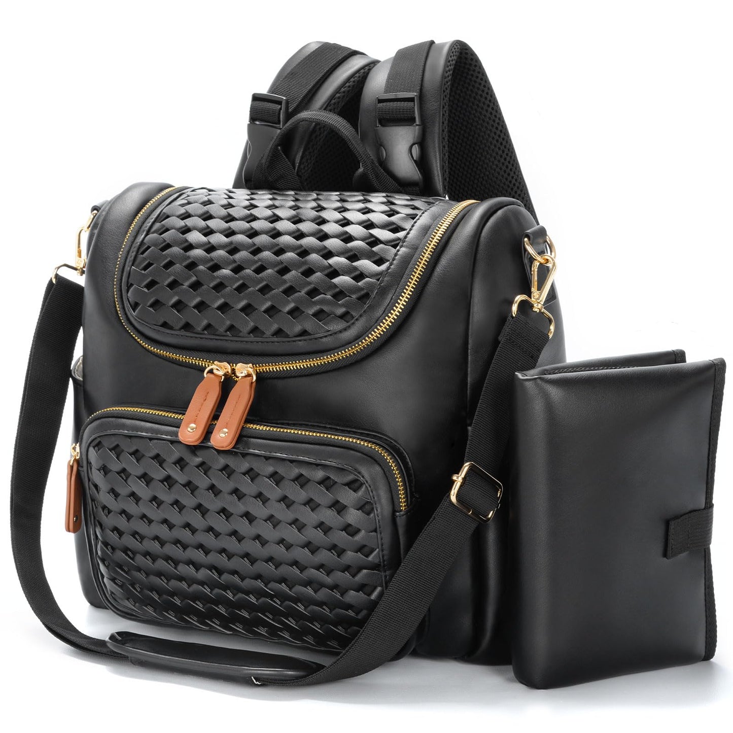 Minsong Diaper Bag Backpack, Small Diaper Backpack for Mom with Changing Station, Stylish Vegan Leather Travel Diaper Nappy Bags (Black)