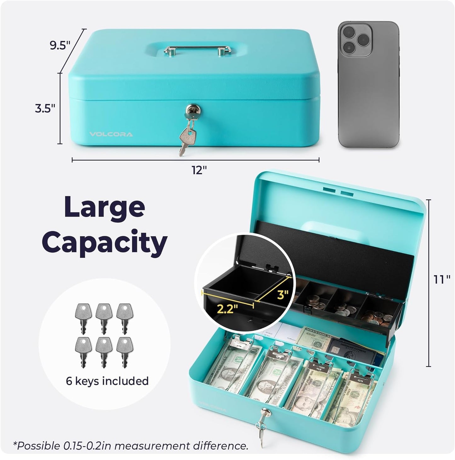 Volcora Large Cash Box with Key Lock, Metal Money Box for Cash, Portable Locking Safe Box with Money Tray, Durable Money Saving Organizer for Yard Sale, Garage Sale, Small Business, Cyan
