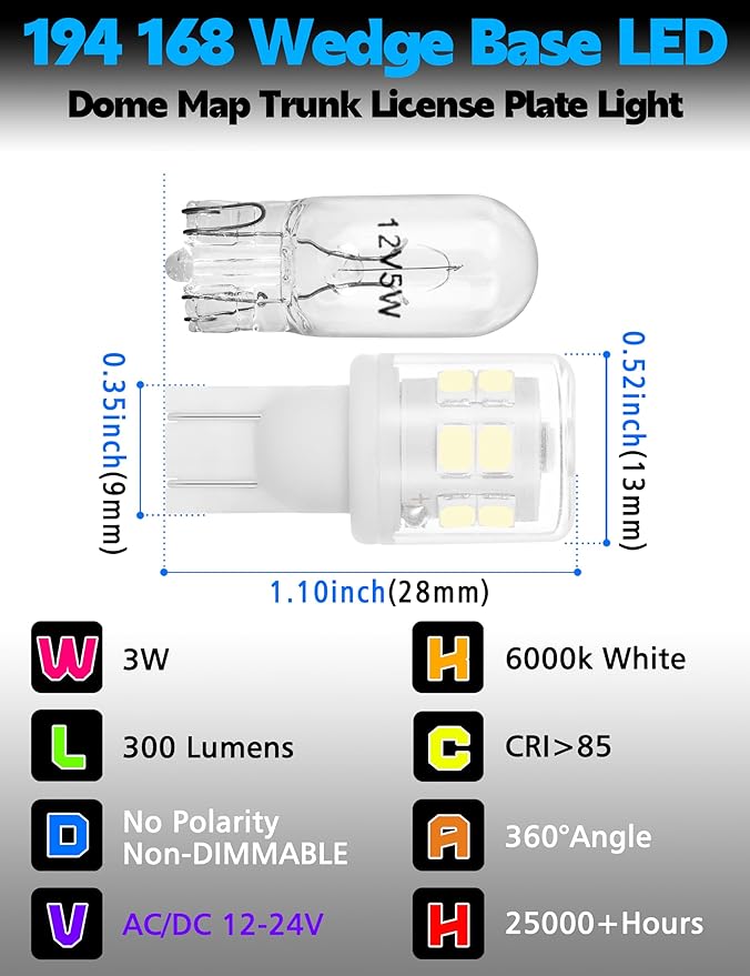 T10 194 168 LED Dome Light Bulbs, 300lm 6000K White Super Bright 2825 W5W LED Interior Bulbs, 3w AC/DC12V-24V T10 Wedge for RV Car Dome Map Door Courtesy Trunk License Plate Light, Non-Dimmable, 2pcs