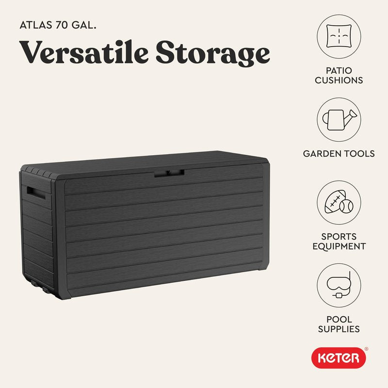 Keter Atlas 70 Gallon Deck Box – Weather‑Resistant Outdoor Storage Chest for Patio, Yard & Pool, Durable Resin Construction, Lockable Lid, Easy‑Open Design