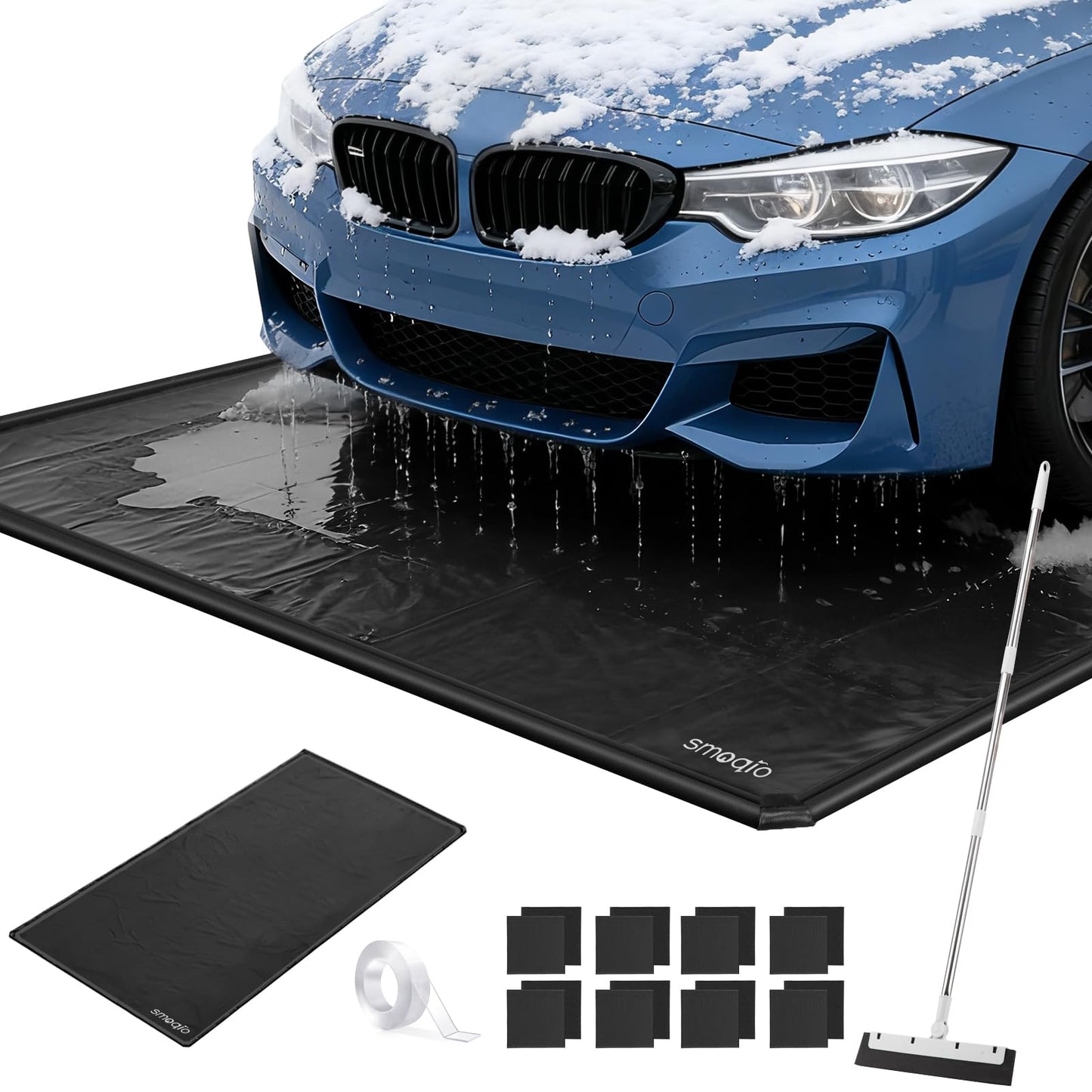 SMOQIO Garage Floor Mat, Containment Mats for Under Car with Raised Edge Waterproof, Non-Slip Heavy-Duty 1000D PVC for Floor Against Snow, Rain & Mud