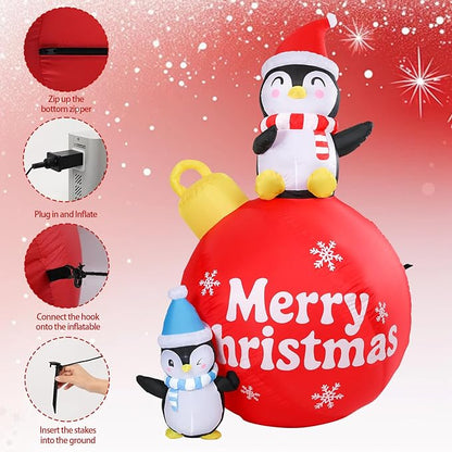 Vigdur Christmas Penguin Inflatable, 6FT Xmas Blow Up Holiday Ball Decoration with LED Lights, Outdoor Christmas Penguin Decoration for Yard Garden Lawn Winter Holiday Supplies Décor