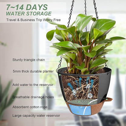 Hanging Planters for Indoor Outdoor Plants, 2 Pack Self Watering Hanging Pot with Drainage Holes & Removable Tray (Black, 10'')