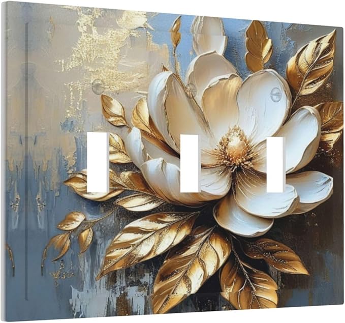 Decorative Art Light Switch Covers Gilded Bloom 3 Gang Triple Toggle Wall Plate Decorative Switch plate Electrical Faceplate for Home Decor