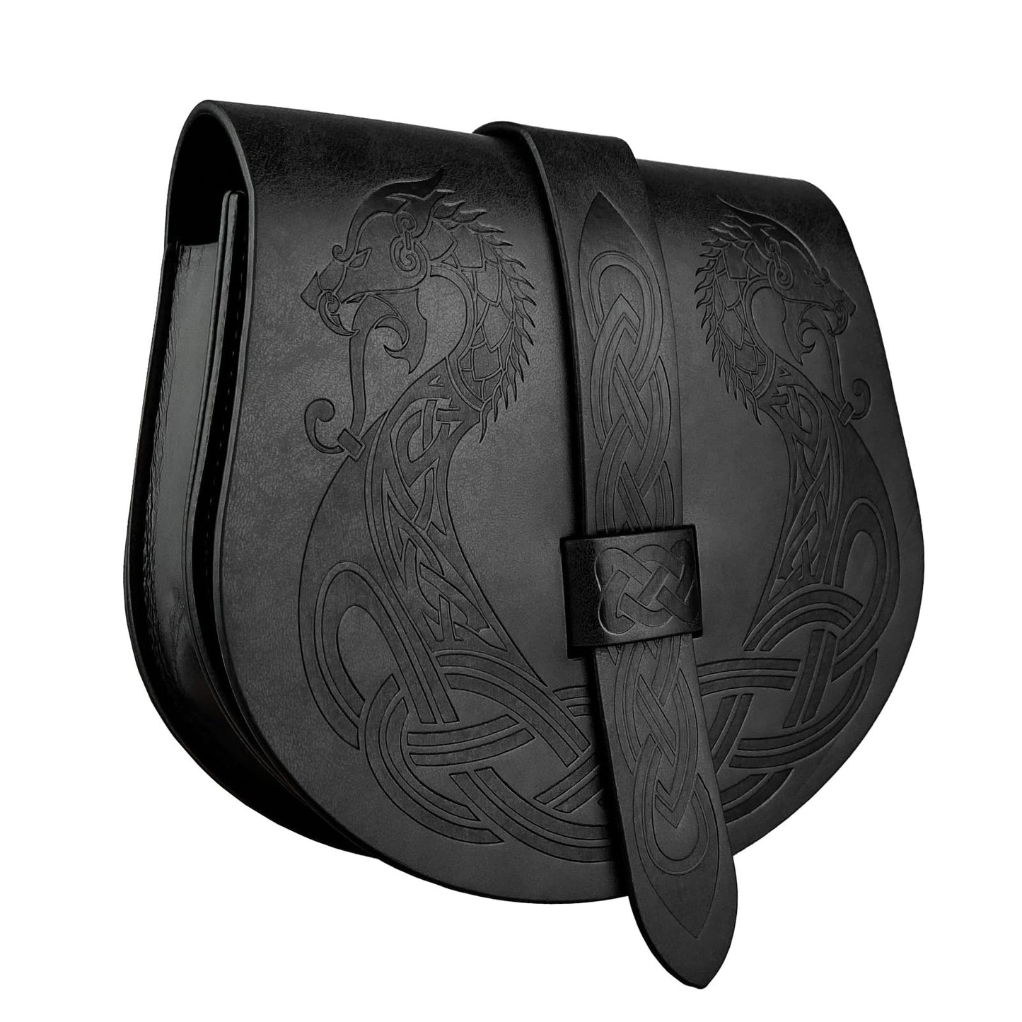 HiiFeuer Viking Embossed Langskip Belt Pouch, Medieval Faux Leather Flap Saddle Side Bag Purses, Retro Portable Belt Bag (Black A)