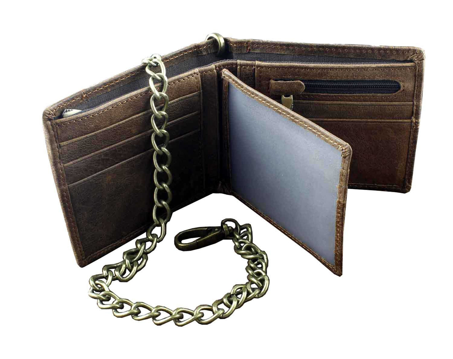 punkman2000 New Vintage Brown Leather Wallet With Chain Mens Bifold/Many Card Holder