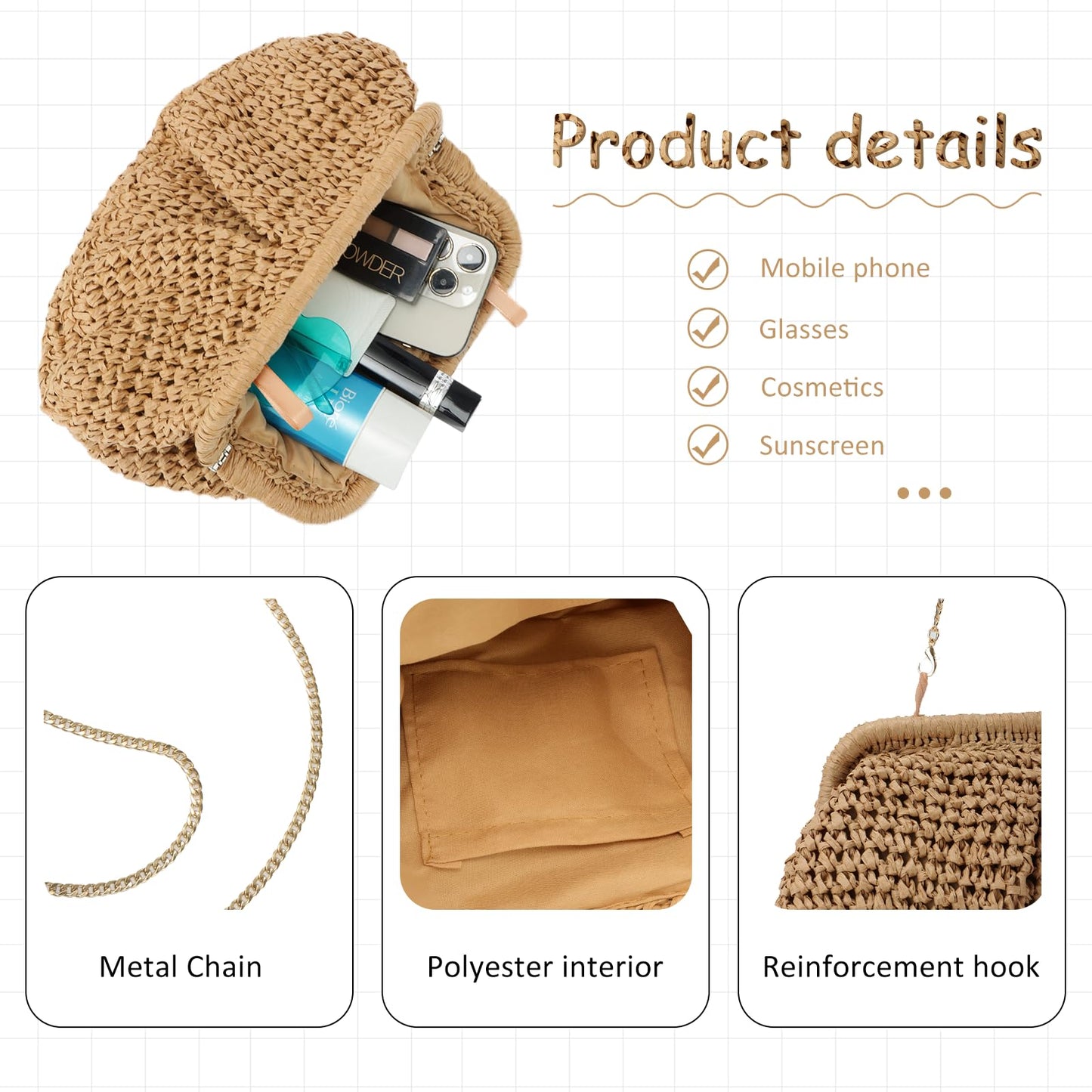 Emprier Straw Clutch Purses for Women Cloud Dumpling Pouch Straw Crossbody Shoulder Handbag Summer Beach Woven Bag