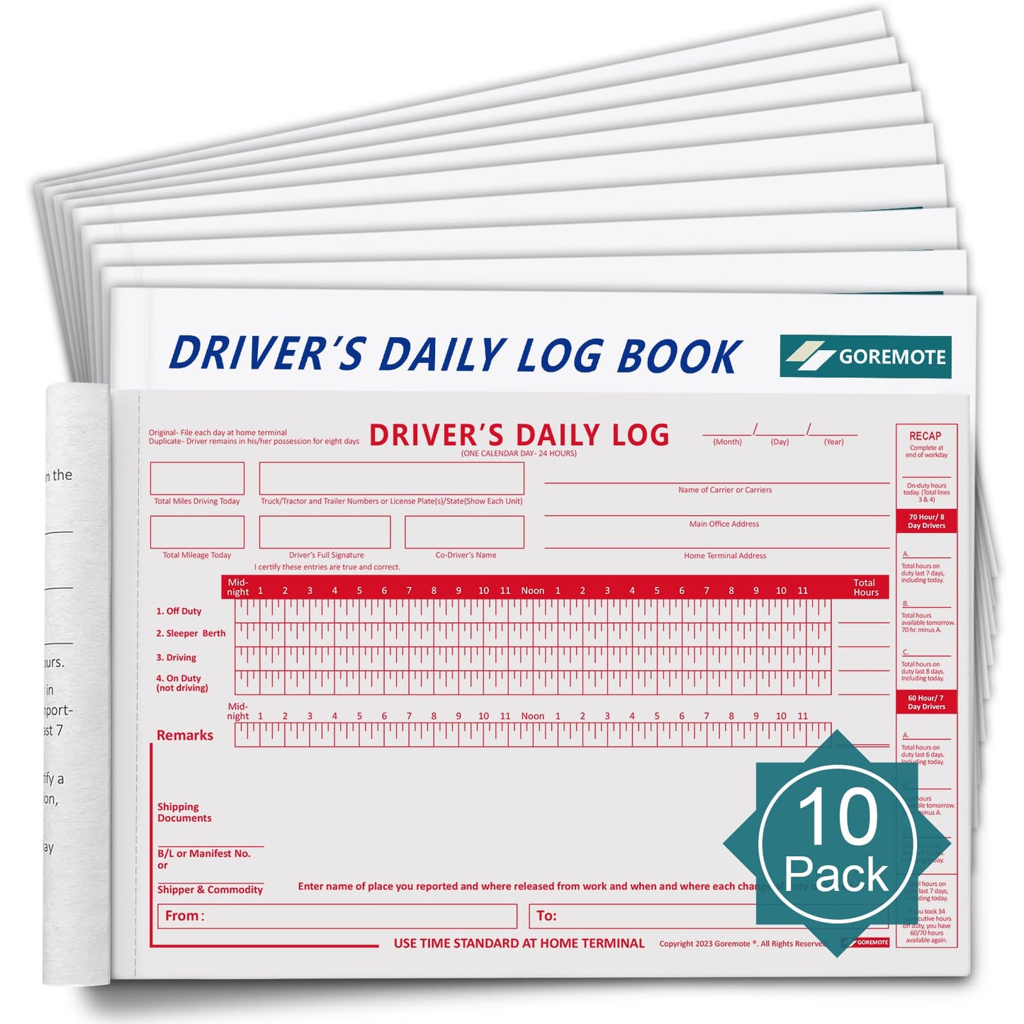 Daily Log Books for Truck Drivers with 7 & 8 Day Recap, 10 Pack, 2-Ply Carbonless, 35 Sets of Forms per Book, 8.5" x 5.5", Paper Driver Log Books for Truckers, Meet Requirements