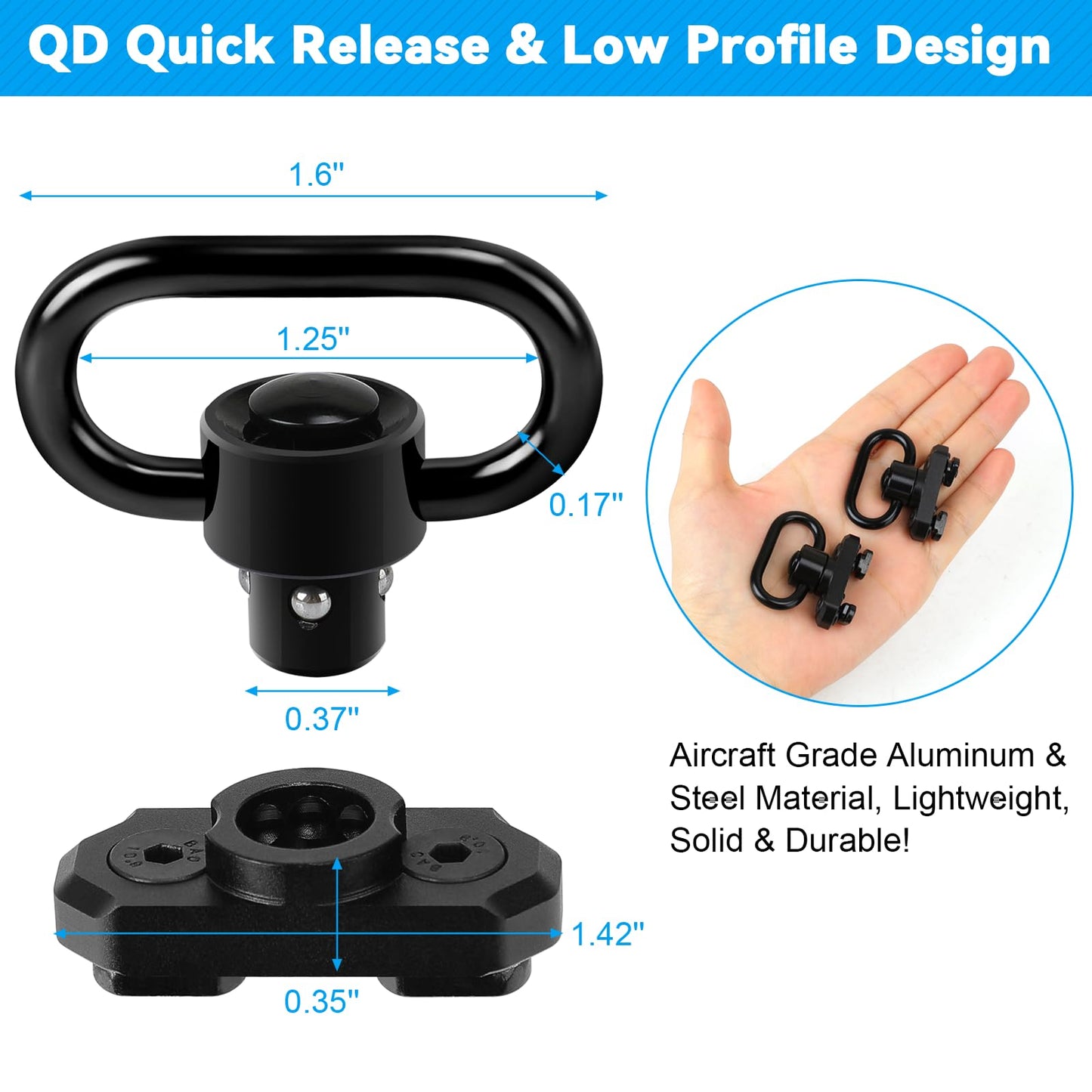 REERON 2 Point Sling & Mount - Adjustable Extra Long Two Point Traditional Rifle Sling with 2 Pack 1.25" QD Swivels Mounts for M-Rail (2 Pack Mounts)
