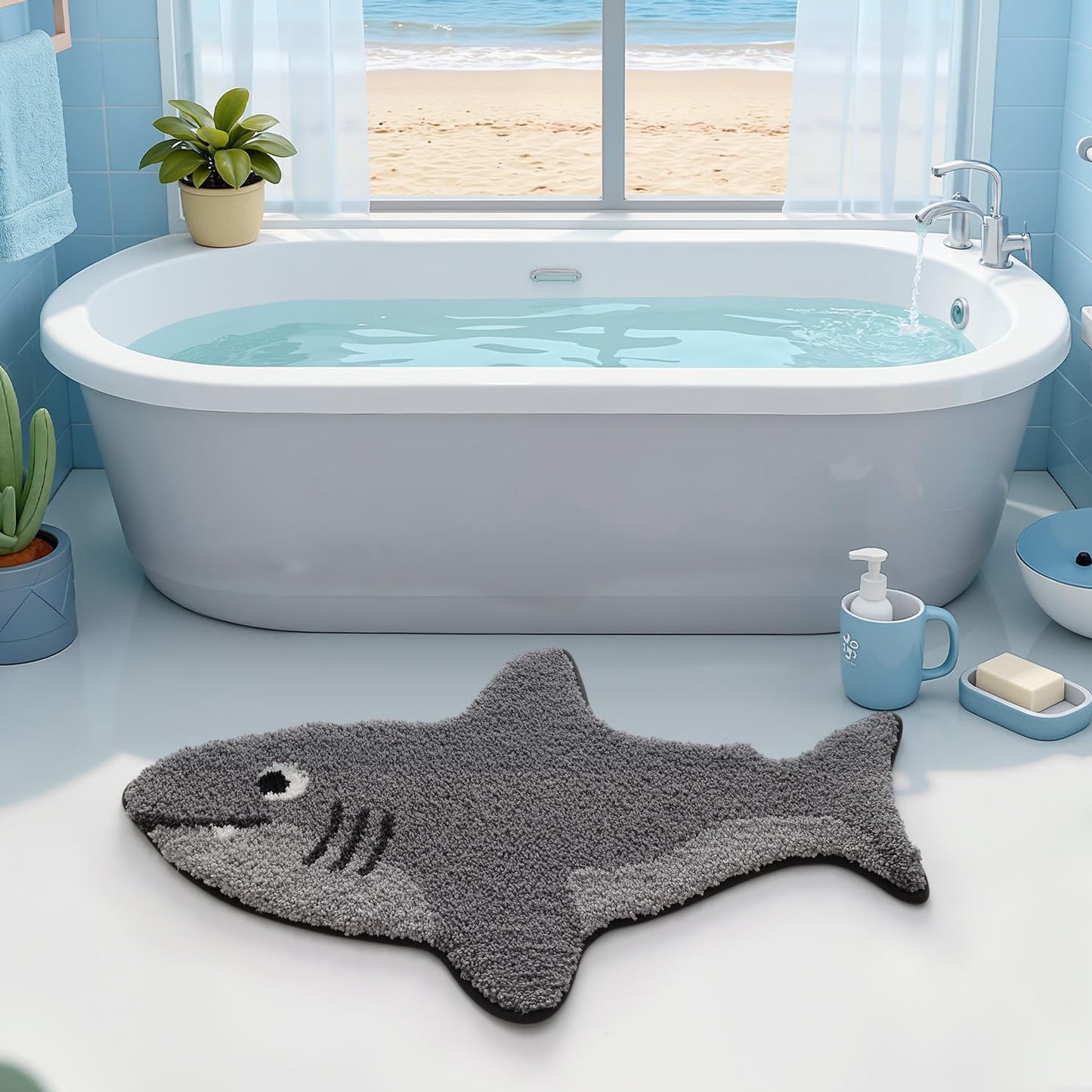 LUMI Cute Animal Bathroom Rugs, Non-Slip Backing Washable Bath Mats, Shark Shaped Absorbent Bath Rugs for Bathroom, Ideal Floor Mat for Shower Sink Bathtub Room Decor, 24"x40", Echo Shark