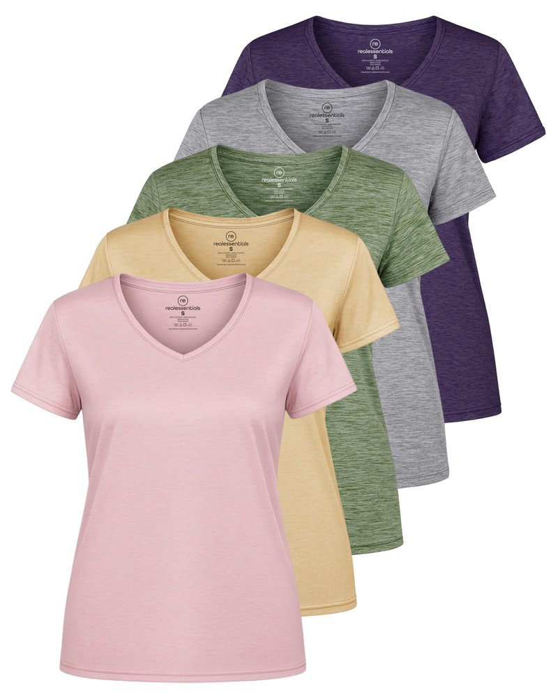 Real Essentials 5 Pack: Women's Dry-Fit Short Sleeve V Neck T Shirt Workout Fitness Yoga Top Tee, Set 14, XS
