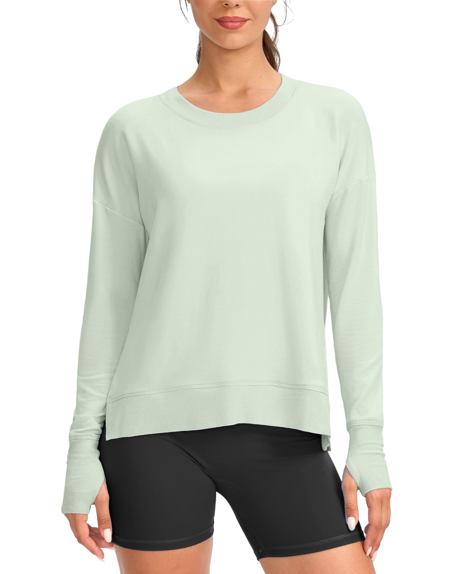 G Gradual Sweatshirt for Women Buttery Soft Yoga Tops Crewneck Modal Pullover Shirts Side Slit Thumb Holes (Light Green, X-Large)