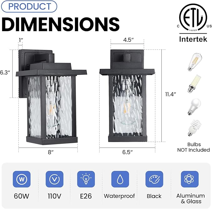 Outdoor Wall Light Fixtures, Modern Exterior Wall Mount Lanterns, Outside Wall Sconces in Black Finish with Water Ripple Glass for Porch Patio Farmhouse, 2-Pack