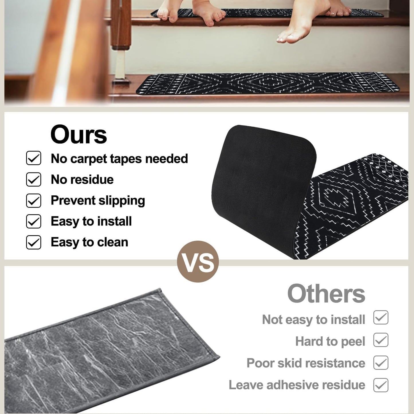 OJIA Boho Stair Treads Non-Slip Stair Runners for Wooden Steps Indoor 15PCS 30"x8" Washable Carpet Stair Treads Stair Mats Staircase Step Treads for Kids, Elders and Dogs, Stair Covers, Black