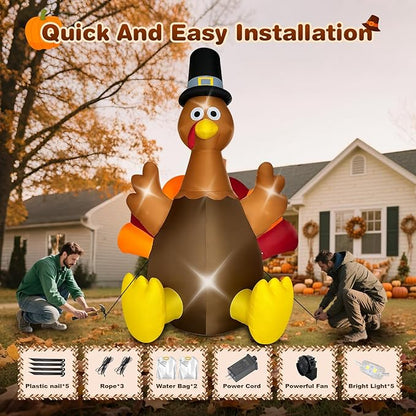 Thanksgiving Inflatables Turkey Outdoor Decorations 8FT Fall Inflatable Turkey with Built-in LED Lights Blow up Outdoor Lawn Yard Decoration