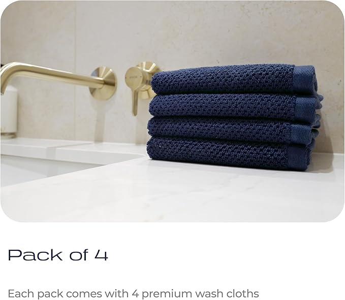 Luxury Silver-Infused Navy Blue Washcloths 4-Pack Set, 12.9"x12.9"