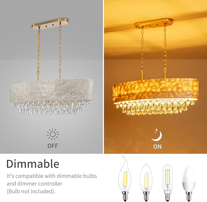 6-Lights Oval Capiz Shell Crystal Linear Chandeliers, Coastal Design Light Fixture for Dining Room, Kitchen Island, L32xW12xH19~65 Inch(Adjustable), Shell Lampshade & Brass Finish