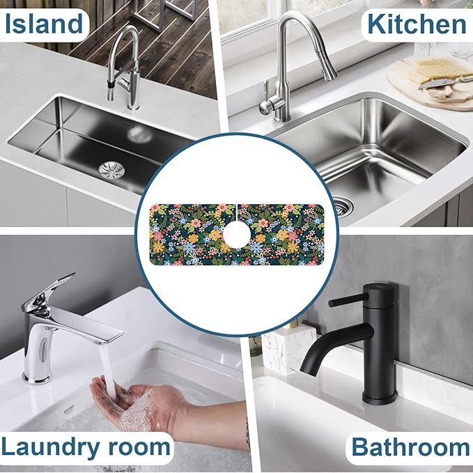 Colorful Flower Sink Splash Guard Faucet Mat Flowers Leaves Super Absorbent