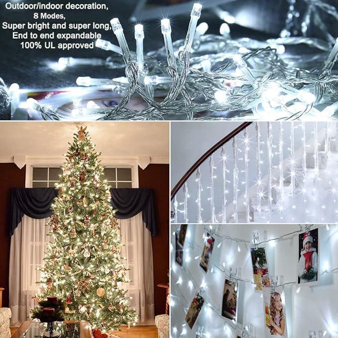 Christmas String Lights - 220 LED 25m/82ft 8 Modes End-to-End Plug in Indoor/Outdoor Waterproof Decorative Fairy Twinkle Lights String for Tree/Wedding/Thanksgiving Day/Patio/Room/Home - Cool White