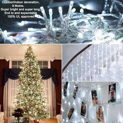 Christmas String Lights - 220 LED 25m/82ft 8 Modes End-to-End Plug in Indoor/Outdoor Waterproof Decorative Fairy Twinkle Lights String for Tree/Wedding/Thanksgiving Day/Patio/Room/Home - Cool White