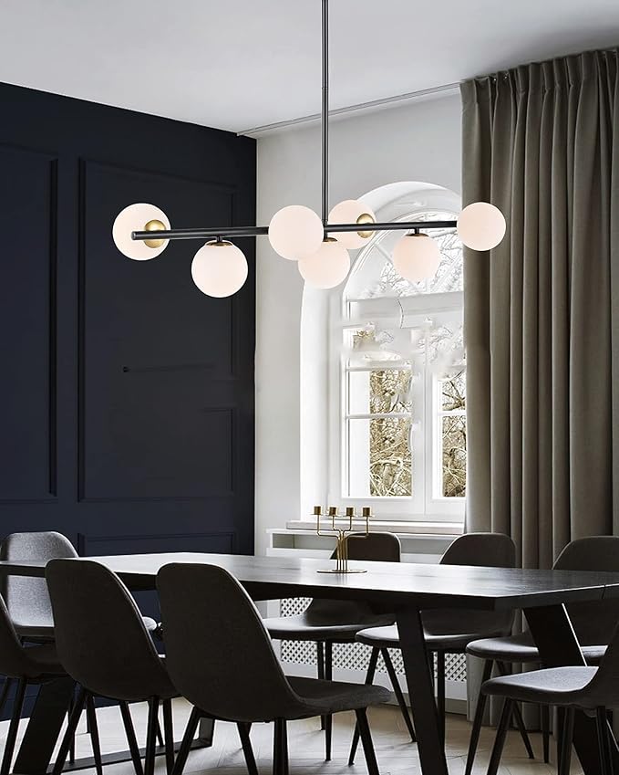 7 Lights Modern Sputnik Chandelier Globe White Glass Shade Linear Mid Century Farmhouse Pendant Light Fixture for Dining Kitchen Island Bedroom Lighting (Gold/Black)