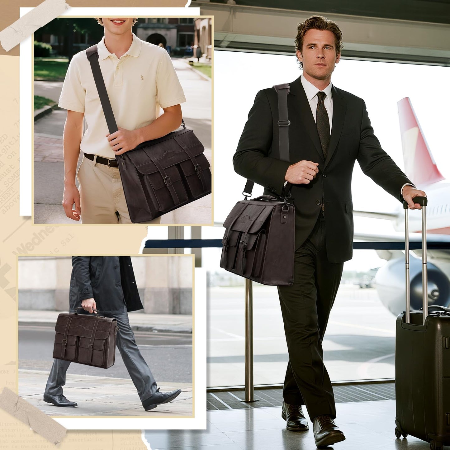RAINSMORE Mens Messenger Bag 17 Inch Vintage Leather Laptop Briefcase Magnetic Closure Large Satchel Computer Shoulder Bag for Office Travel College, Coffee