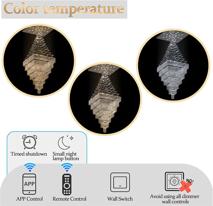Flashing God D59''X H120'' Extra Large Chandeliers for High Ceilings Crystal Raindrop Chandeliers Large Villa Chandelier Entrance Foyer Crystal High Ceiling Light LED Dimmable 2700K-6000K Quadrate
